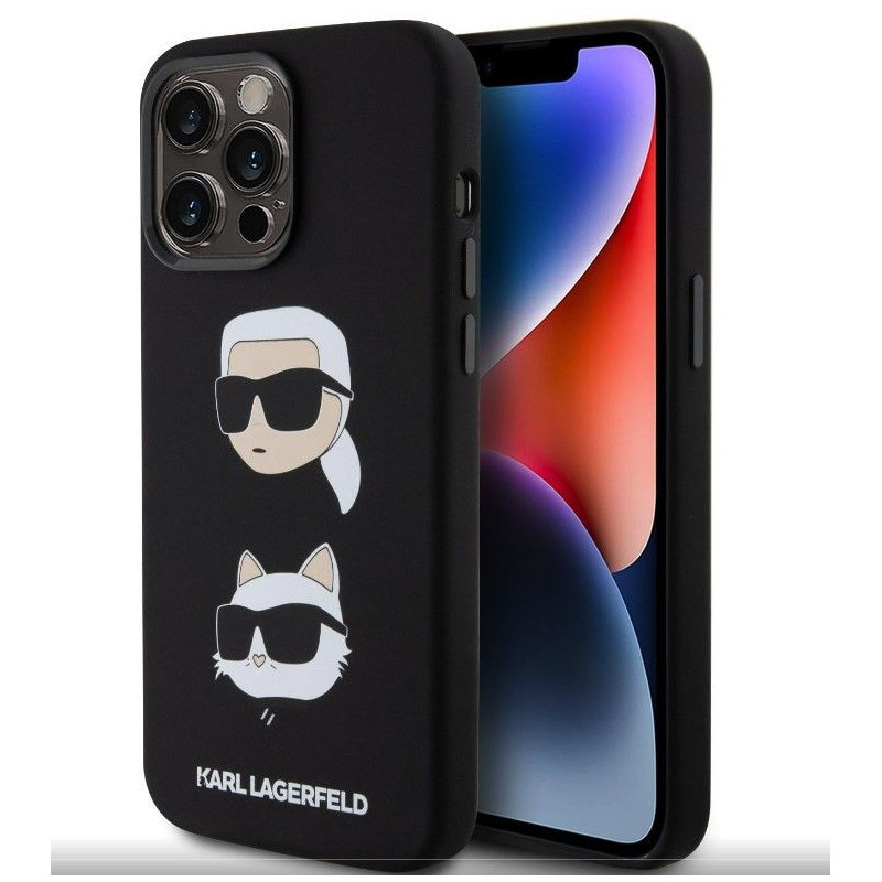 Karl Lagerfeld Apple skysto silikono dėklas „Karl and Choupette Heads“, skirtas iPhone 15 Pro Max, juodas