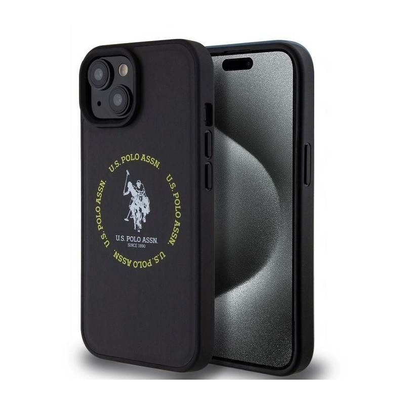 JAV polo PU Apple iPhone 15 odinis apvalus dvigubo arklio formos MagSafe dėklas, juodas