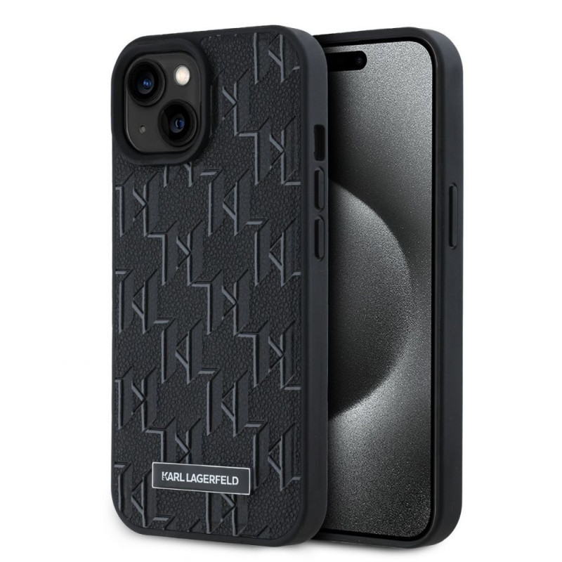 Karl Lagerfeld – Karl Lagerfeld PU odos monogramos metalinio logotipo „MagSafe“ dėklas, skirtas iPhone 15, juodas
