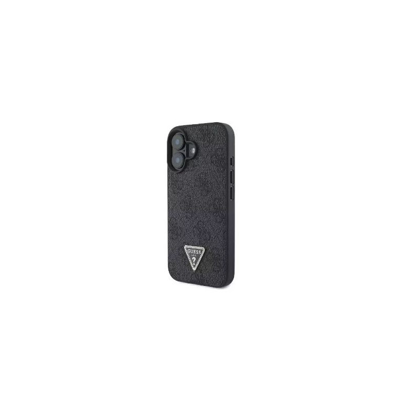 Guess Apple iPhone 16 PU dėklas su trikampiu metaliniu logotipu, juodas