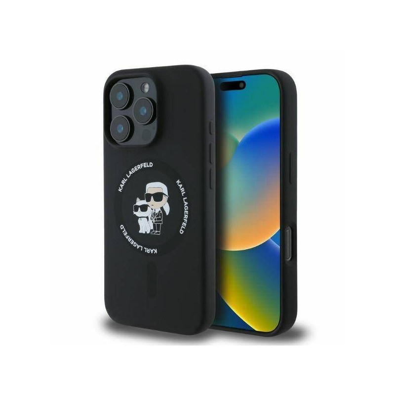 Karl Lagerfeld Apple iPhone 16 Pro skysto silikono dėklas „Karl and Choupette MagSafe“, juodas