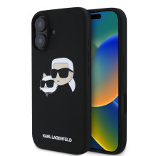 Karl Lagerfeld Apple iPhone 16 dėklas su skystu silikonu, dvigubomis galvutėmis, MagSafe, juodas