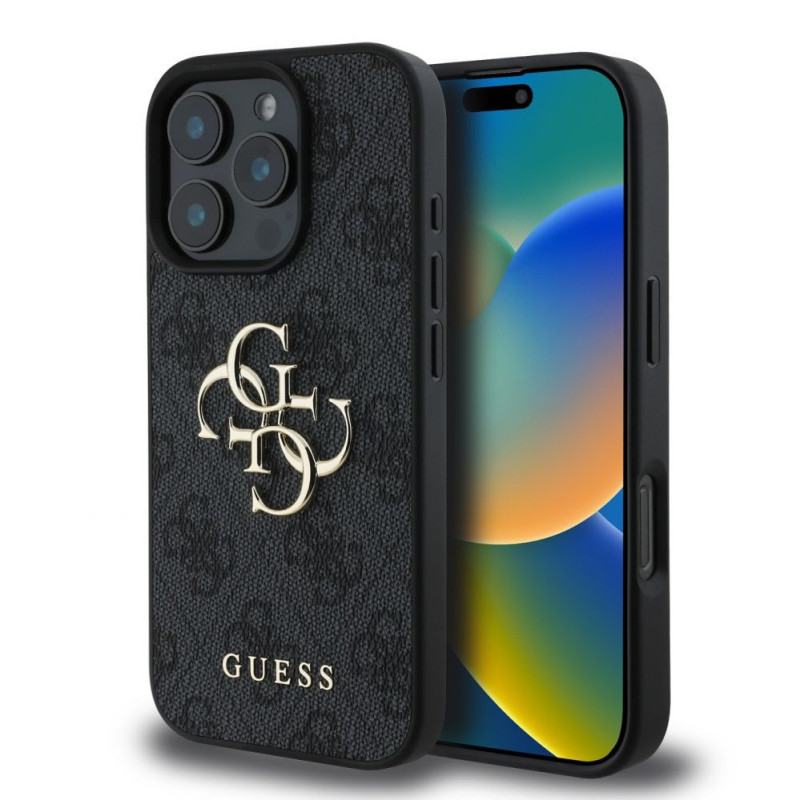 „Guess“ – „Guess PU 4G“ metalinis dėklas su logotipu, skirtas „iPhone 16 Pro“, pilkas