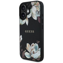 „Guess“ grūdėtas gėlių rašto „MagSafe“ dėklas, skirtas „iPhone 16“, juodas