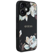 „Guess“ grūdėtas gėlių rašto „MagSafe“ dėklas, skirtas „iPhone 16“, juodas