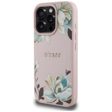 „Guess“ – „MagSafe“ dėklas, grūdėtas, spausdintas gėlių raštu, skirtas „iPhone 16 Pro“, rožinis