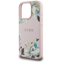 „Guess“ – „MagSafe“ dėklas, grūdėtas, spausdintas gėlių raštu, skirtas „iPhone 16 Pro“, rožinis