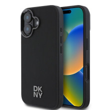 DKNY Apple iPhone 16 PU odos „Stack Logo Magsafe“ dėklas, juodas
