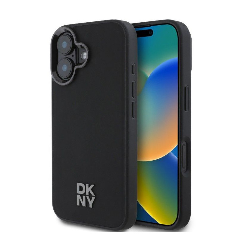 DKNY Apple iPhone 16 PU odos „Stack Logo Magsafe“ dėklas, juodas