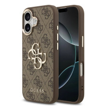 „Guess“ „Apple iPhone 17“ PU odinis 4G metalinis logotipo dėklas, auksiniu rėmeliu, „MagSafe“ dėklas, rudas