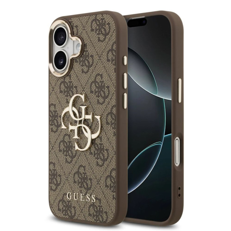 „Guess“ „Apple iPhone 17“ PU odinis 4G metalinis logotipo dėklas, auksiniu rėmeliu, „MagSafe“ dėklas, rudas