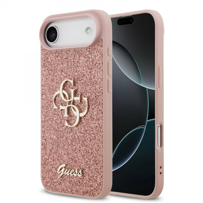 „Guess“ Apple iPhone 17 Air PU dėklas su fiksuotu blizgučiais ir 4G metaliniu logotipu, rožinis