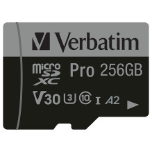 KORTELĖ 256GB Verbatim MicroHC Pro 10 klasė + adapterių mažmeninė prekyba KORTELĖ 256GB Verbatim MicroHC Pro 10 klasė + adapterių mažmeninė prekyba