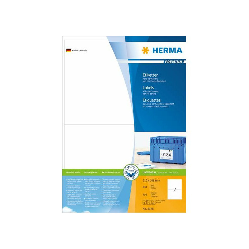 HERMA Etiketės Premium A4 white 210x148 mm popierius 400 vnt.