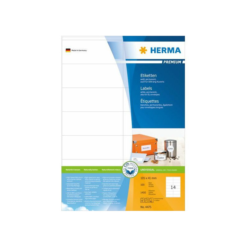 HERMA Etiketės Premium A4 white 105x41 mm popierius 1400 vnt.
