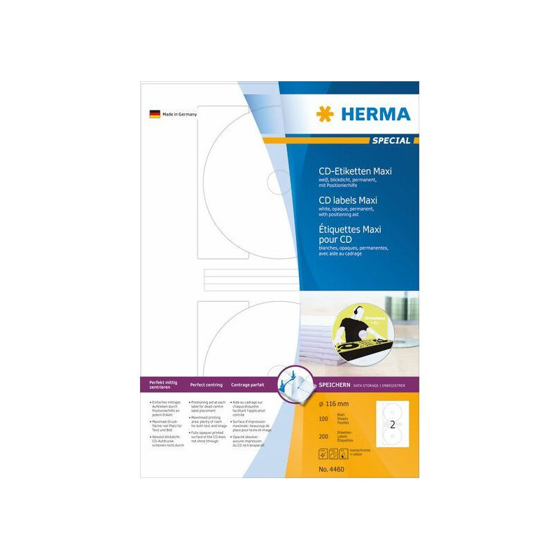 HERMA CD-etiketės Maxi A4 white 116 mm popierius pakuotė 200 vnt.