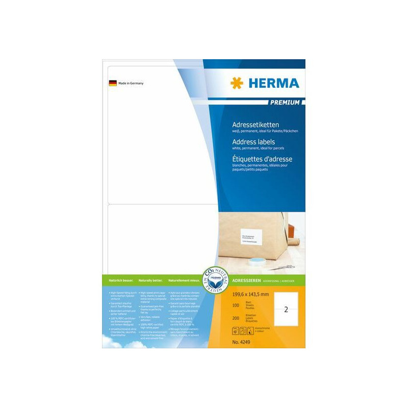 Herma Premium etiketės 4249, A4, adresai, baltos, 199,6 x 143,5 mm, matinis popierius, 200 vnt., suapvalinti kampai (424