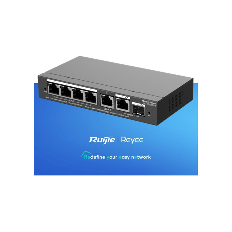 6 prievadų gigabito išmanusis „PoE“ komutatorius: 4 „PoE“ prievadai, 1 RJ45, 1 SFP, 54 W „PoE“, stalinis, plieninis korp