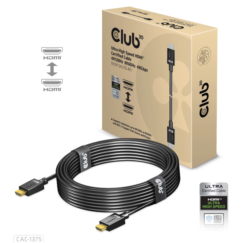CLUB3D Itin didelės spartos HDMI ™ sertifikuotas kabelis 4K120Hz 8K60Hz 48Gbps M / M 5m / 16.4ft
