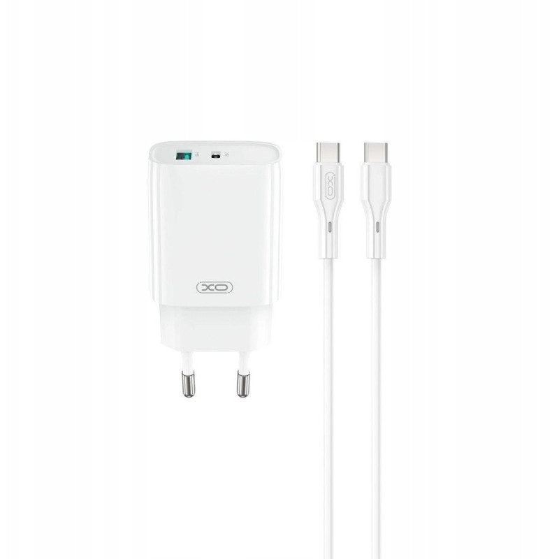 XO sieninis įkroviklis CE29 PD 20W 1x USB-C 1x USB baltas + laidas USB-C - USB-C