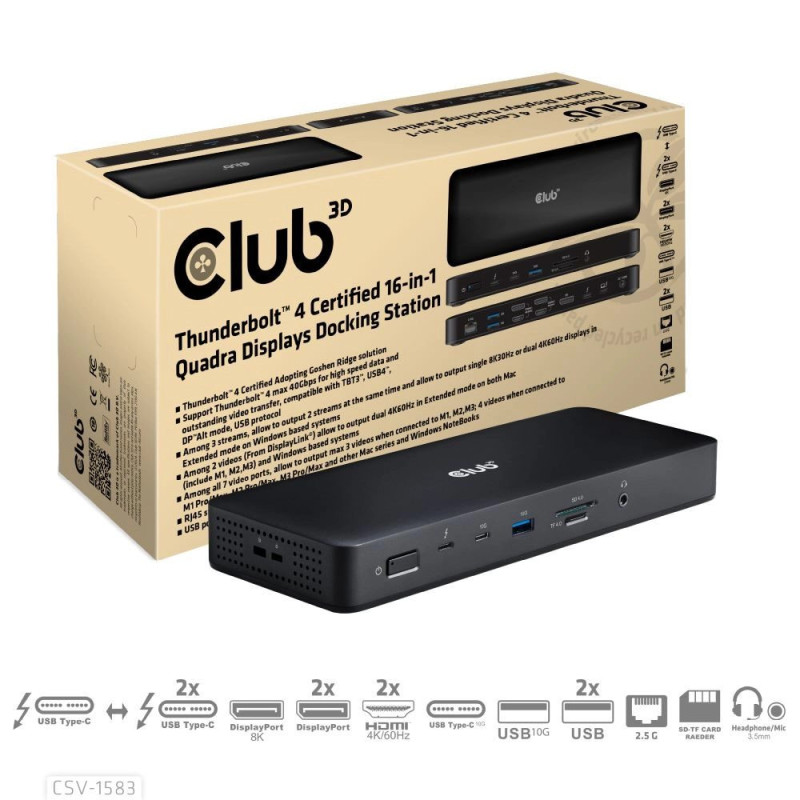 Club3D Thunderbolt4 16-in-1 Dockingstation 4 ekranai St / Bu mažmeninė prekyba