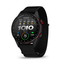 Garmin Approach S72 - 47 mm Carbon Gray / Red DLC Titanium Bezel with Black ComfortFit Fabric Band