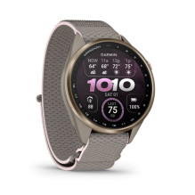 Garmin Approach S72 - 43 mm Soft Gold / Blush Pink Titanium Bezel with French Grey / Blush Pink ComfortFit Fabric Band