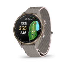Garmin Approach S72 - 43 mm Soft Gold / Blush Pink Titanium Bezel with French Grey / Blush Pink ComfortFit Fabric Band