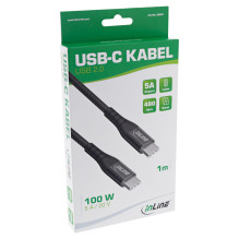 INLINE USB 2.0 USB-C laidas, kištukinis, greito įkrovimo laidas 100W tekstilinis, juodas 1m INLINE USB 2.0 USB-C laidas, kištukinis, greito įkrovimo laidas 100W tekstilinis, juodas 1m