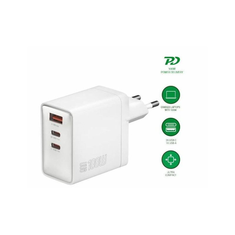 Pocket 100W GaN 2xUSB-C + USB-A Wall Charger White