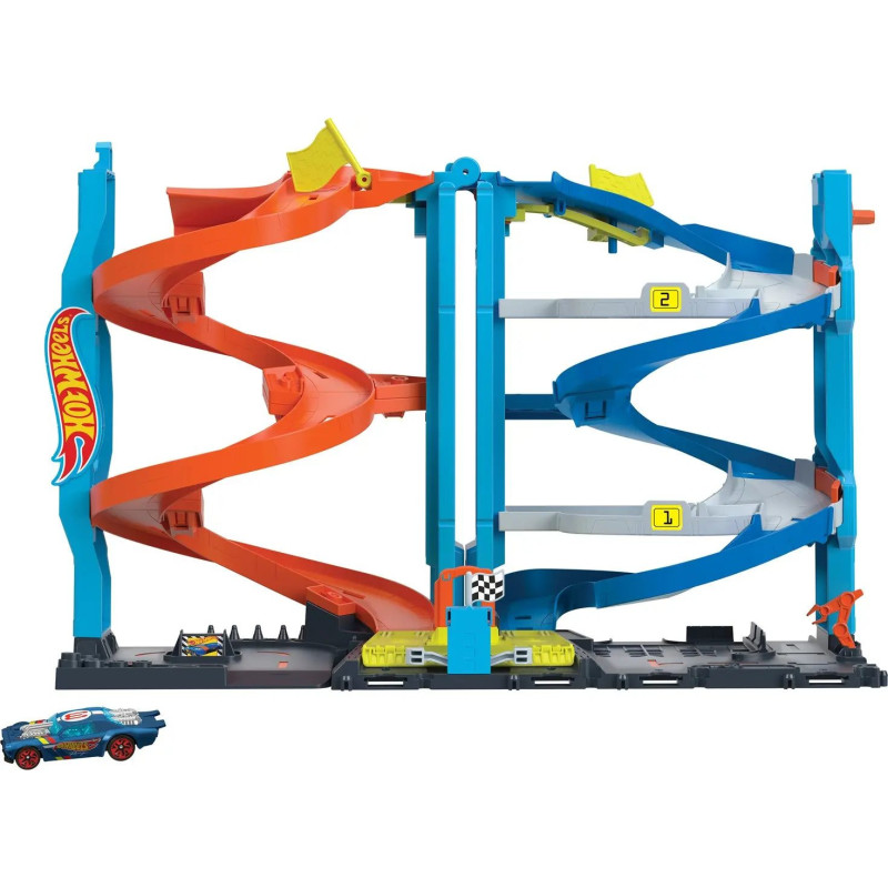 Hot Wheels Miesto transformuojamas lenktynių bokšto žaidimų trasų rinkinys su 1 žaisliniu automobiliu