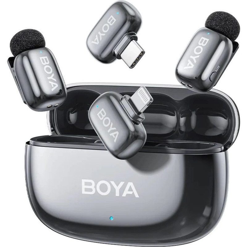 BOYA Belaidis mikrofonas „Mini 2-01“ 2.4GHz Dirbtinio intelekto valdomas triukšmo slopinimas su 2 siųstuvais ir 2 imtuva