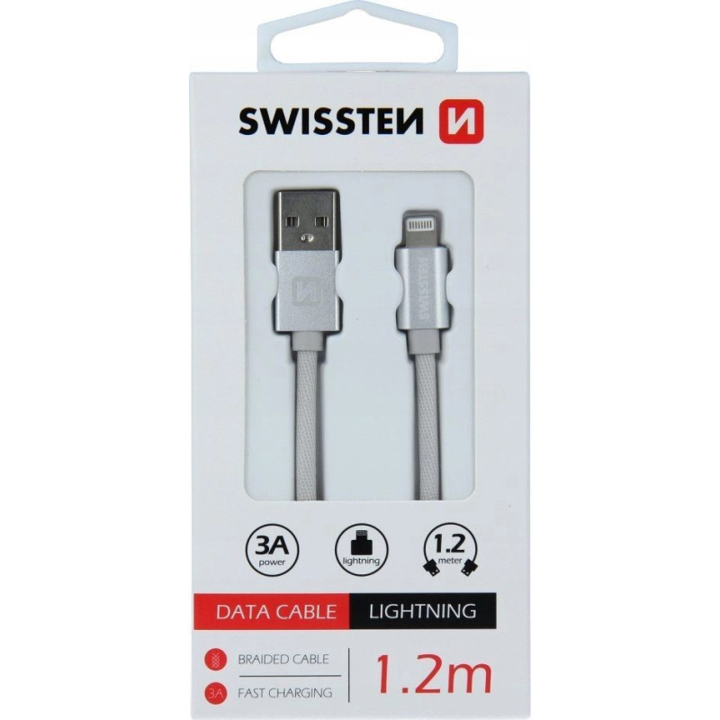 Swissten Textile Fast Charge 3A Lightning (MD818ZM / A) Available in Uzlādes Kabelis 1.2m Sudraba