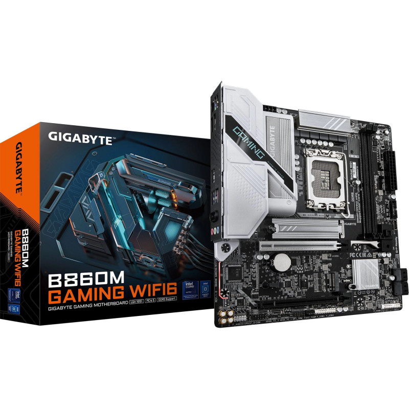 GIGABYTE B860M GAMING WIFI6 1xPCIe plokštė – Intel Core Ultra serijos procesoriai 8+1+2 fazių VRM iki 9066MHz DDR5 . 1xP