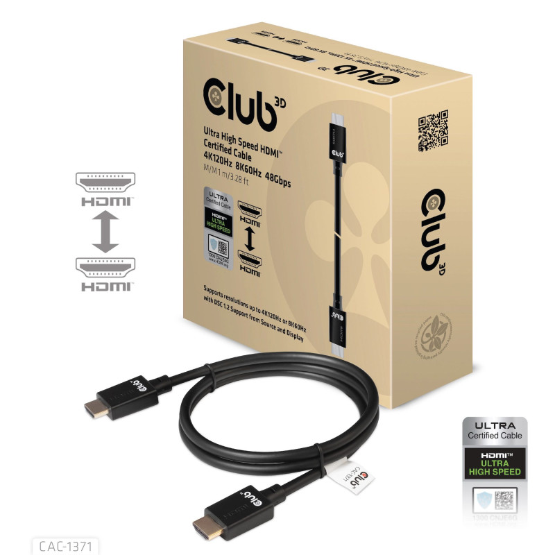 CLUB3D Itin didelės spartos HDMI 4K120Hz 8K60Hz Sertifikuotas kabelis 48Gbps M / M 1 m / 3,28 pėdos