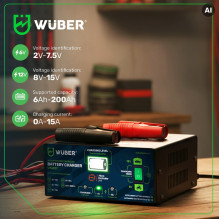 Mikroprocesorinis įkroviklis 6–12 V 15 A + akumuliatoriaus įkroviklis W14017 WUBER