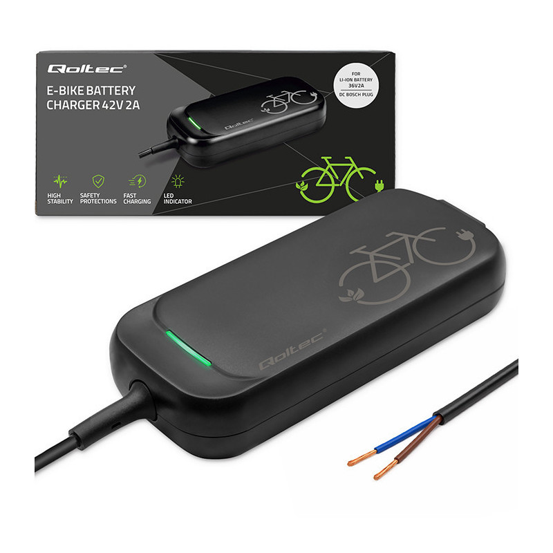 Qoltec Fast Charger for e-bike 36V , 42V , 2A , open cable without plug , waterproof + power cable