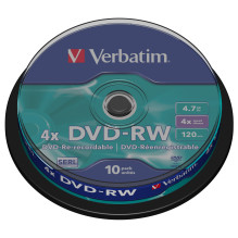 1x10 Verbatim DVD-RW 4,7GB 4x Speed, matt silver Cakebox 1x10 Verbatim DVD-RW 4,7GB 4x Speed, matt silver Cakebox