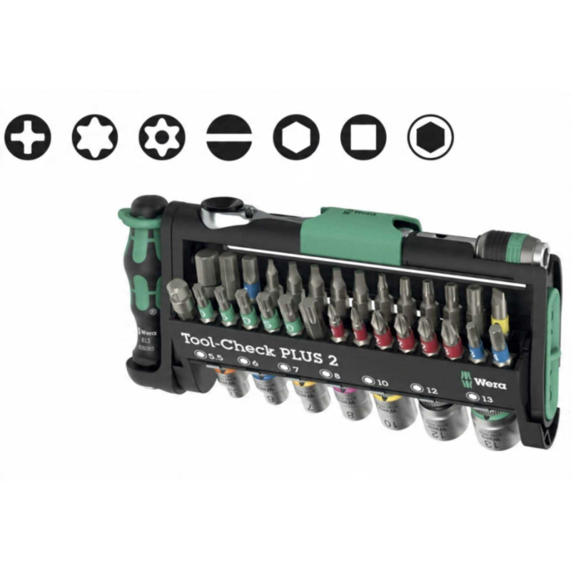 Wera Wera Tool-Check PLUS 2, juodų / žalių antgalių rinkinys, 39 dalys, įskaitant 1/4 colio