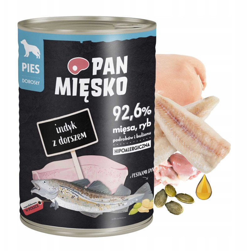 PAN MIĘSKO Pan Mięsko Šlapias šunų ėdalas su kalakutiena ir menke (suaugusiems) 400g