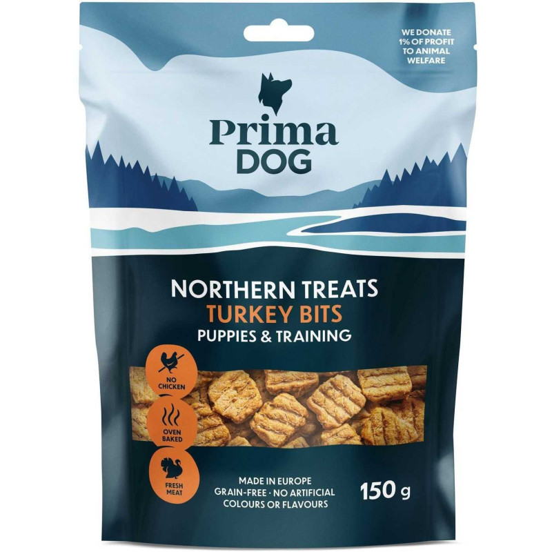 PRIMA „Northern Treats“ kalakutienos gabaliukai šuniukams ir traukiniui 150g