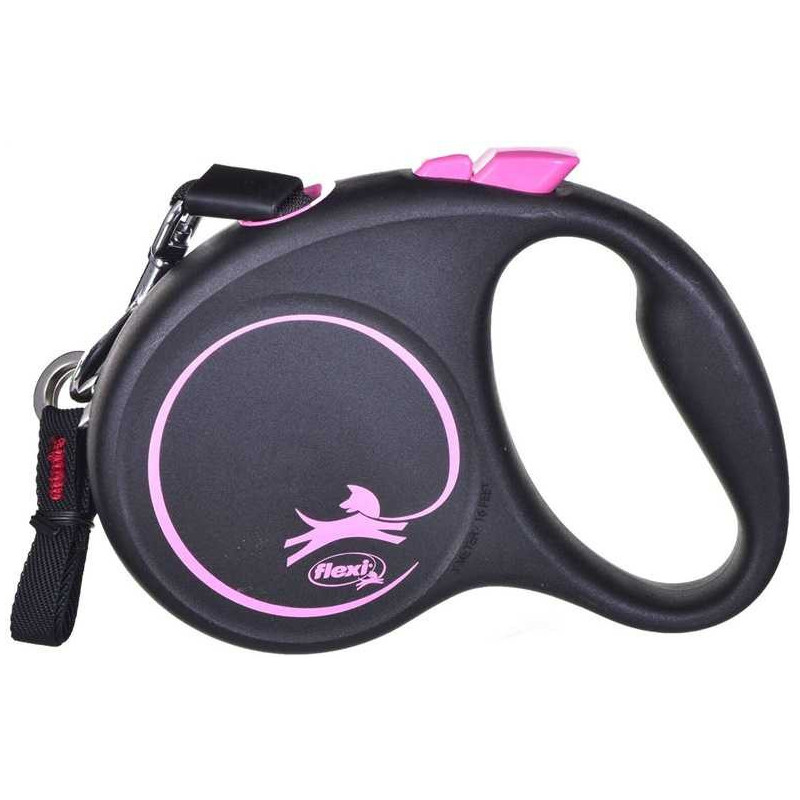 Flexi Flexi automatinis pavadėlis „Black Design S“ juostos formos, 5 m, rožinės spalvos.
