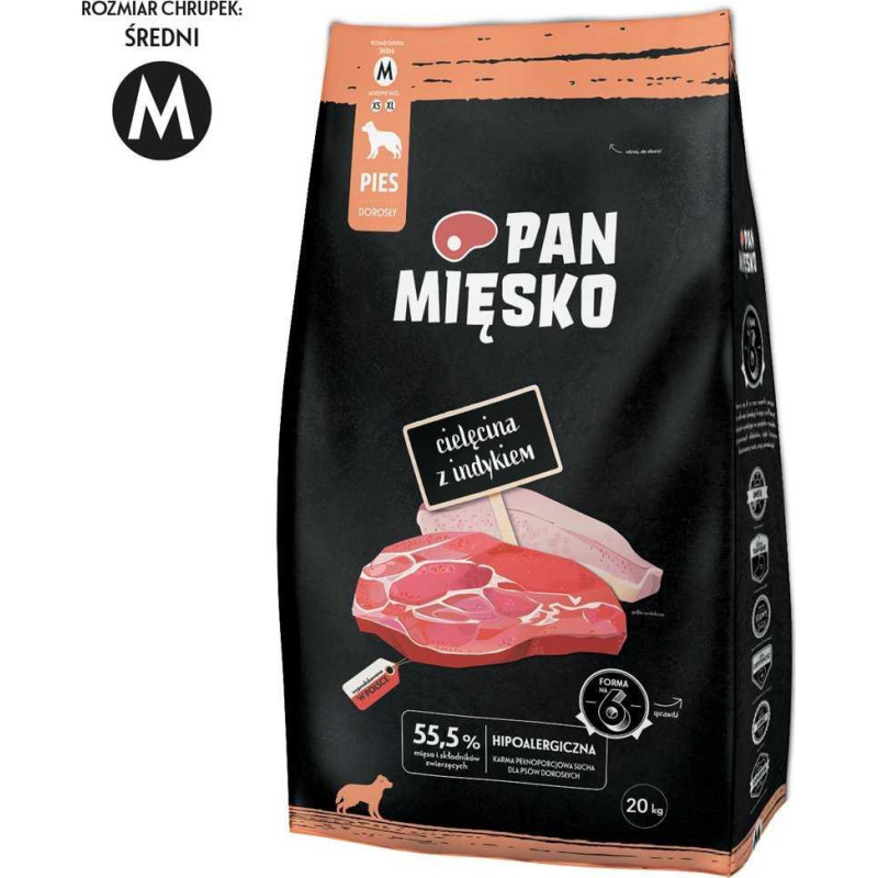 PAN MIĘSKO Pan Mięsko Sausas šunų ėdalas Veršiena su kalakutiena, traškus M 20kg
