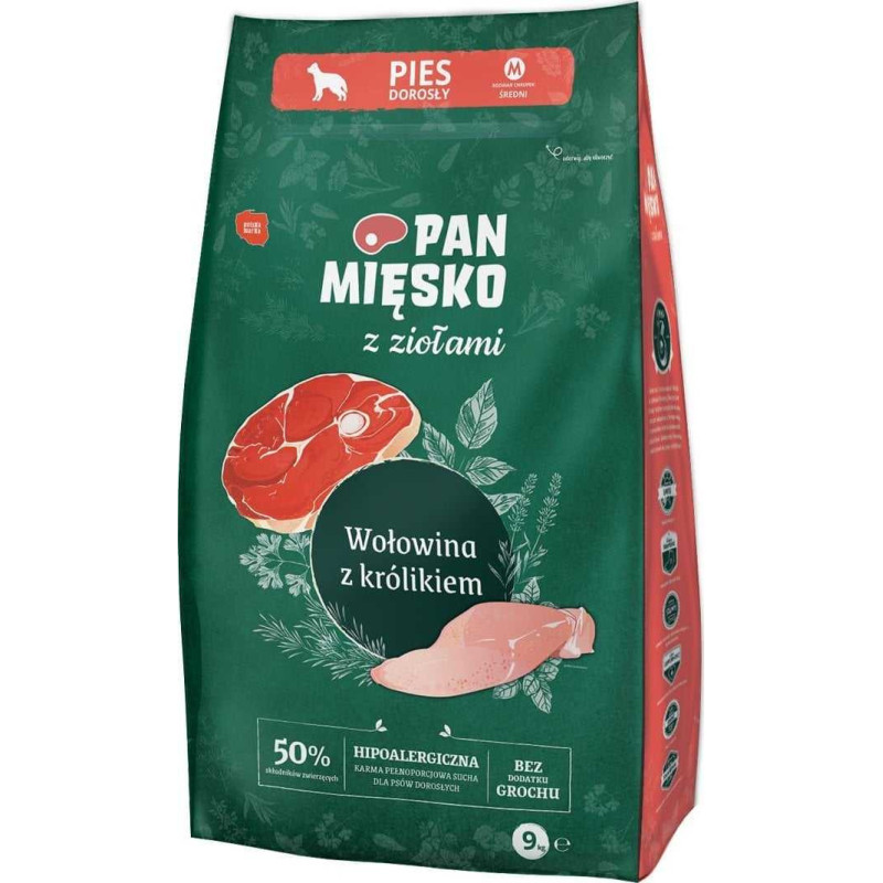 PAN MIĘSKO Pan Mięsko Sausas šunų ėdalas su žolelėmis Jautiena su triušiena (suaugusiems šunims)