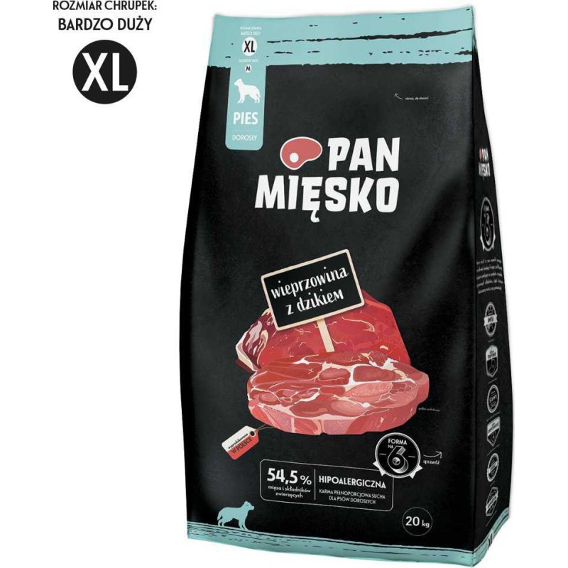 PAN MIĘSKO Pan Mięsko Sausas šunų ėdalas Kiauliena su šernienos traškučiais XL 20kg