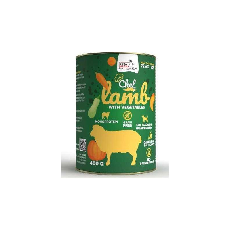 SYTA MICHA SYTA MICHA Šefo ėriena su daržovėmis – šlapias šunų ėdalas – 400g