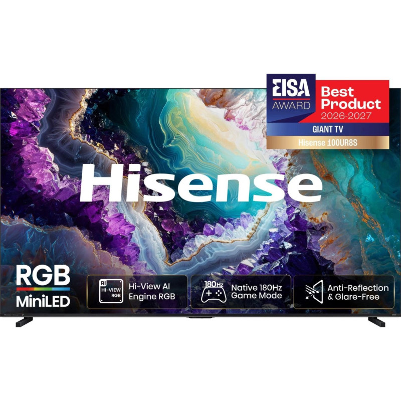 Hisense 100UR8DS RGB MiniLED TV 253 cm (100 inches), Black / Dark Grey, UltraHD / 4K, Hi-View AI Engine RGB, 180Hz panel