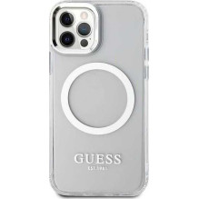 „Guess“ „GUHMP12MHTRMS“ kietas metalinis „MagSafe iPhone 12“ / „12 Pro“ dėklas, sidabrinis