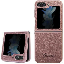 „Guess“ kietas dėklas su blizgučiais, „Samsung Galaxy Z Flip 5“ rožinis „Guess“ kietas dėklas su blizgučiais, „Samsung Galaxy Z Flip 5“ rožinis