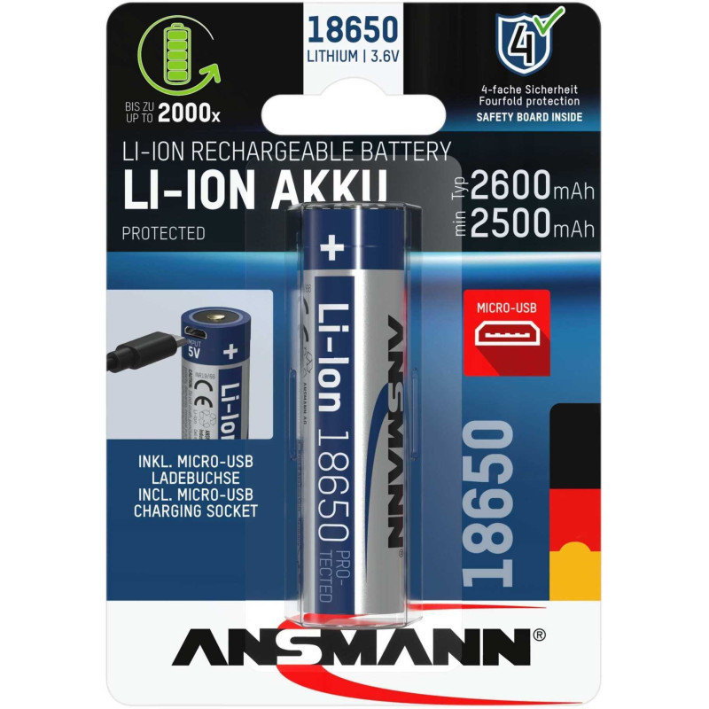 Ansmann Li-Ion battery 18650 2600mAh with micro USB charging